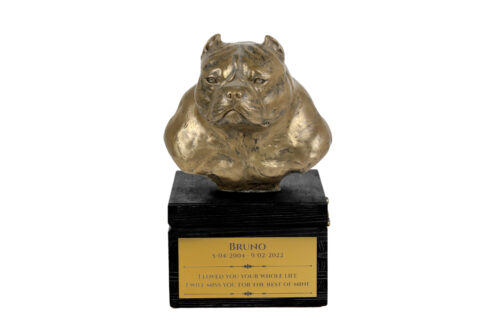 Urne gravée et sculpture d'un American Bully, création artisanale
